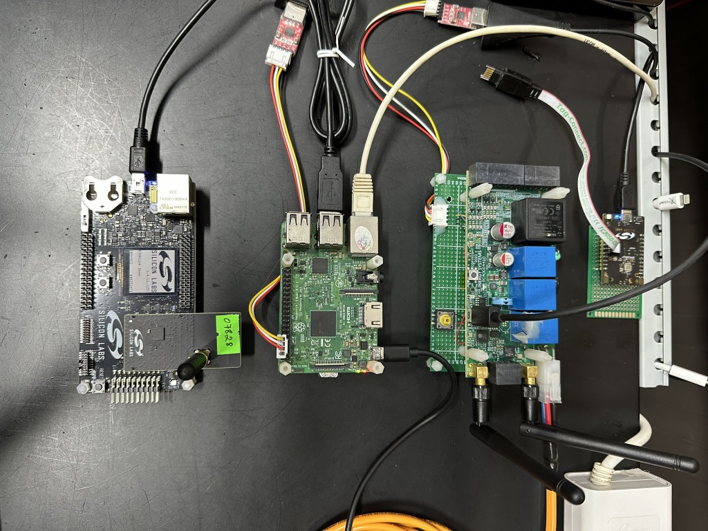 Energy system test bench: Silicon Labs radio board, Raspberry Pi gateway and the custom control board wired together